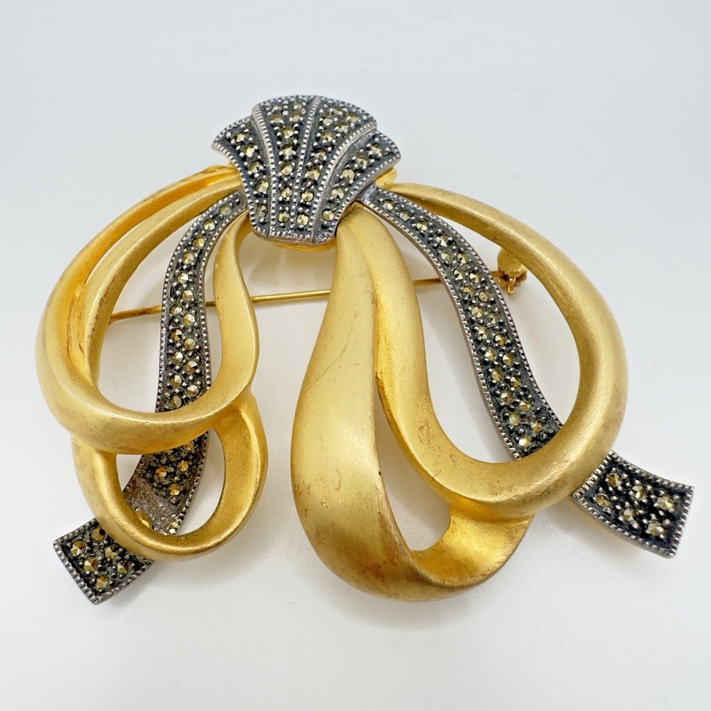 Vintage JUDITH JACK Brooch Sterling Silver Marcasite & Gold Plated Metal 3" Pin